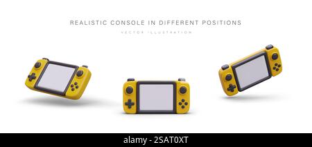 Realistic console in different positions. Wireless gaming device with buttons, screen. Gadget for two hands. Digital game with joystick. Set of images for web design. Realistic console in different positions. Wireless gaming device with buttons, screen Stock Vector