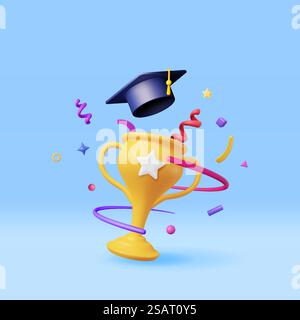 3D Gold Trophy, Confetti and Graduation Cap Isolated. Render Golden Cup and Education Hat. Diploma or Accreditation. Goal and Achievement. Business Graduation Concept. Vector Illustration. 3D Gold Trophy, Confetti and Graduation Cap Stock Vector