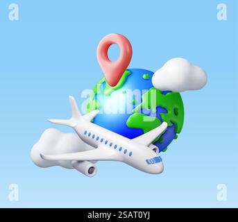 3D Airplane in Clouds and Globe Isolated. Render World Travelling by Plane. World Map with Location Pin. Time to Travel Concept, Holiday Planning. Tourist Worldwide Transportation. Vector Illustration. 3D Airplane in Clouds and Globe Isolated Stock Vector