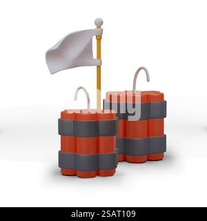 Realistic sticks of dynamite tied together, white flag. Surrender symbol. Hand over of ammunition, weapons. Deception, trap. Color vector composition for game design, advertising. Realistic sticks of dynamite tied together, white flag. Surrender symbol Stock Vector