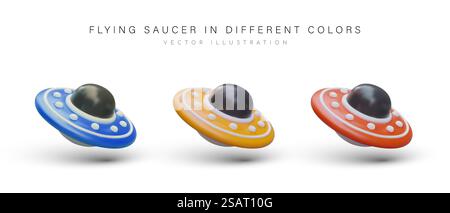 Set of flying saucers in cartoon style. Vector icons of different colors of space theme. Cute UFO illustration. Objects with shadows. Alien spaceship. Flying machine of another civilization. Set of flying saucers in cartoon style. Vector icons of different colors of space theme Stock Vector