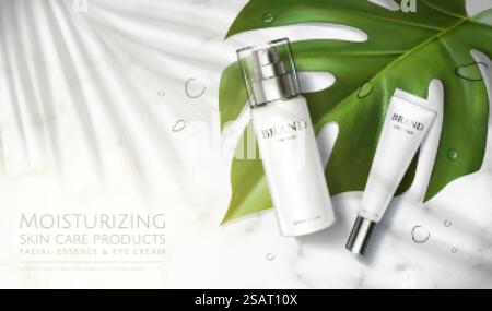 3d illustration of luxury beauty product ad, concept of simple skincare, mock-ups set on marble table with monstera leaf. Skin care product ad template Stock Vector