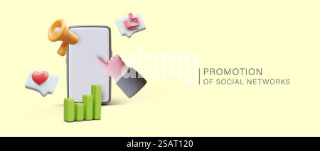 Concept of promotion in social networks. Interaction with user. Advertising services. Vector colorful template with realistic illustration in cartoon style, place for text. Concept of promotion in social networks. Interaction with user. Advertising services Stock Vector