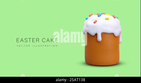 Easter cake in with white cream. Placard with delicious sweet bread for holiday on blue background. Bakery concept. Vector illustration in 3d style with place for text. Easter cake in with white cream. Placard with delicious sweet bread for holiday Stock Vector
