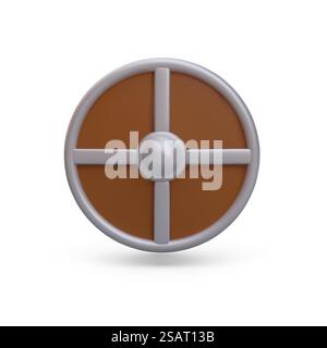 Shield equipment. Knight competitions, computer game concept. Front view of round brown disk with metal elements for protection. Vector illustration in realistic 3d style. Shield equipment. Knight competitions concept. Front view of round brown disk with metal elements Stock Vector