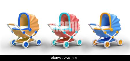 3d baby stroller in yellow, blue and red colors. 3d model for baby store with different templates. Baby care concept. Vector illustration in cartoon style. 3d baby stroller in yellow, blue and red colors. 3d model for baby store Stock Vector