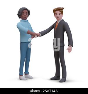 Concept of international cooperation. Black and white man shake hands. Agreement, between freelancer and office worker. Team work. Conclusion of contract. Concept of international cooperation. Black and white man shake hands Stock Vector