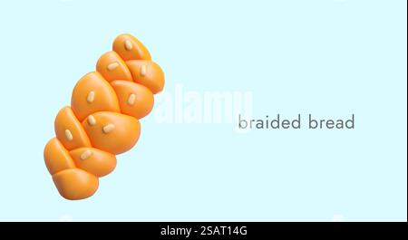 Braided bread on blue background. Poster with sweet bread with seeds. Bread for shop selling bread. Vector illustration in 3d style with place for text. Braided bread on blue background. Poster with sweet bread with seeds Stock Vector