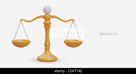 3D balance scales. Symbol of justice. Balance, equilibrium. Device for manually measuring weight of small objects. Judicial system. Color poster on legal topic. 3D balance scales. Symbol of justice. Balance, equilibrium Stock Vector