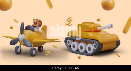 Cartoon character sitting in airplane and ready for flight. 3d realistic tank in yellow colors. Airplane racing computer game. Battles, warfare concept. Vector illustration. Cartoon character sitting in airplane and ready for flight Stock Vector