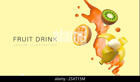 Colorful poster with splash of juice in orange colors with different fruits. Poster for company selling different beverages. Orange, kiwi and banana juice concept. Vector illustration. Colorful poster with splash of juice in orange colors with different fruits Stock Vector