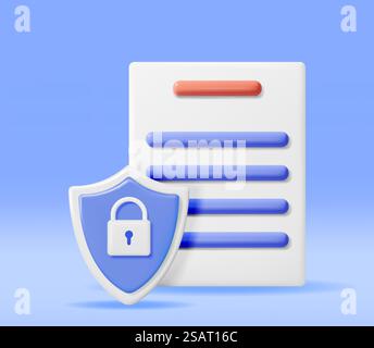 3D Document with Padlock in Shield Isolated. Render Paper Sheet and Pad Lock. Concept of Business Security, Data Protection and Confidentiality. Safety, Encryption and Privacy. Vector Illustration. 3D Document with Padlock in Shield Stock Vector
