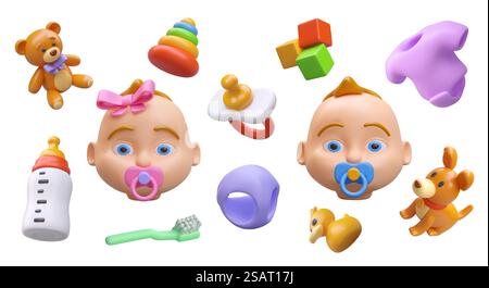 Large set of color illustrations on children theme. Clothes, hygiene, food, accessories for boys and girls. Entertainment, feeding and hygiene. Isolated images, icons for store sections, info resource. Large set of color illustrations on children theme Stock Vector