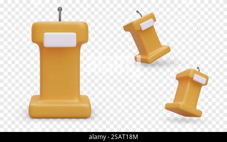 3D yellow tribune with microphone. Vector object, view from different sides. Blank sign, mockup. Furniture for speaker, lecturer. Equipment for conference, lecture hall. 3D yellow tribune with microphone. Vector object, view from different sides Stock Vector