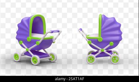Realistic baby stroller in different positions. 3d model for baby store. Baby care products. Vector illustration in purple and green colors in cartoon style. Realistic baby stroller in different positions. 3d model for baby store Stock Vector