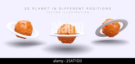 3D orange planet with craters. Vector object in different positions. Unknown planet with belt of satellites. Set of isolated images for web design. Cute illustrations on space theme. 3D orange planet with craters. Vector object in different positions Stock Vector