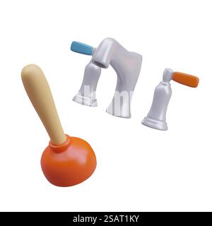Chrome tap with water and plunger isolated on white background. Cold and hot water tap, water supply element. Home plumbing and cleaning concept. Vector illustration in 3d style. Chrome tap with water and plunger isolated on white background Stock Vector