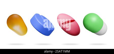 3D Classic Capsule Pills from Different Angles Collection. Render Capsule Tablets Set. Pill for Illness and Pain Treatment. Medical Drug, Vitamin, Antibiotic. Healthcare Pharmacy. Vector Illustration. 3D Classic Capsule Pills from Different Angles Stock Vector
