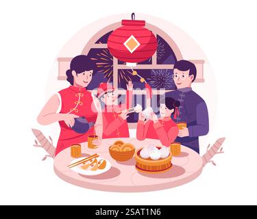 Happy Asian Family Gathering Together Having a Reunion Dinner and Enjoying Tasty Traditional Dishes on Chinese New Year&rsquo;s Eve Stock Vector