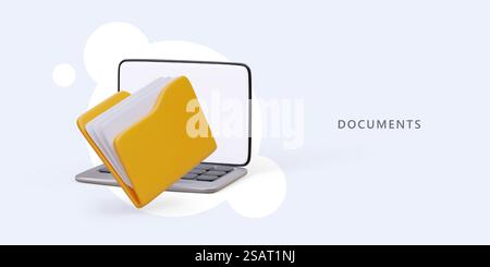 3d realistic laptop and yellow folder with different files. Electronic and physical documents. Colorful vector illustration in gray and yellow colors and place for text. 3d realistic laptop and yellow folder with documents Stock Vector