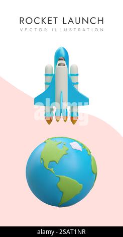 Spaceship launch. Flight of multi stage rocket. Journey beyond Earth. Symbol of development, movement, transition to higher level. Color poster in cartoon style. Spaceship launch. Flight of multi stage rocket. Journey beyond Earth Stock Vector