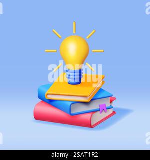 3D Stack of Closed Books with Light Bulb. Render Pile of Books and Idea Bulb. Set of Educational or Business Literature. Reading Education, Literature, Encyclopedia, Textbook. Vector Illustration. 3D Stack of Closed Books with Light Bulb Stock Vector