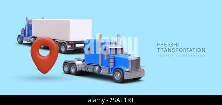 Freight transportation. 3D red geotag, trucks going in different directions. Delivery of oversized cargo, parcels. Advertising of carrier services. Vector banner on blue background. Place for text. Freight transportation. 3D red geotag, trucks going in different directions Stock Vector