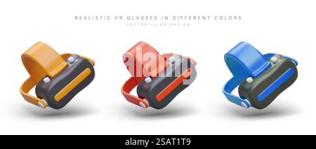 Set of glasses for VR. Devices of different colors. 3D illustration on white background. Gadget for circular survey of augmented reality. Computer simulation. Set of glasses for VR. Devices of different colors. 3D illustration on white background Stock Vector