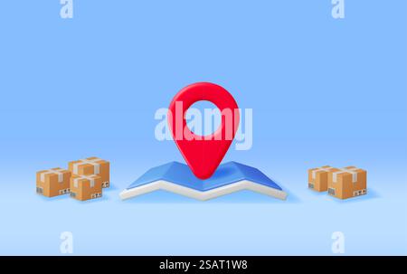 3D Carton Packaging Box with Map and Location Pin. Render Map and Cardboard Package with Cover. Carton Delivery Packaging. Presentation, Gift Transportation and Logistics. Vector Illustration. 3D Carton Packaging Box with Map and Location Pin Stock Vector