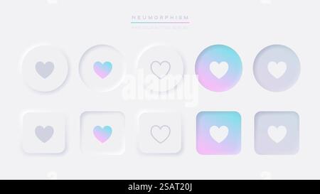Like button in neumorphism style. Love icon for white ui ux design elements or heart shape in neumorphic circle Stock Vector