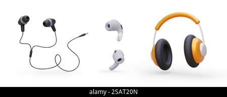 Set of realistic headphones, earphones of different types. Corded and wireless gadgets for listening to music, audiobooks, podcasts. Isolated vector image on white background. Set of realistic headphones, earphones of different types Stock Vector