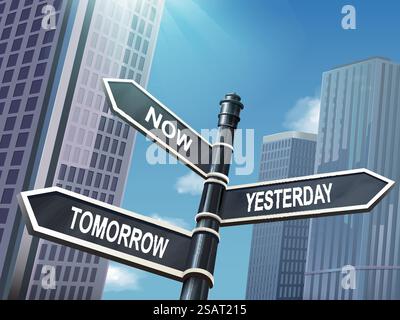 crossroad 3d illustration black road sign saying now and yesterday and tomorrow. 3d road sign saying now and yesterday and tomorrow Stock Vector