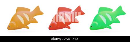 Set of 3D fish in different colors. Whole grilled fish with semicircular cuts. Picnic food. Isolated image on white background. Vector icons of sea, ocean theme. Set of 3D fish in different colors. Whole grilled fish with semicircular cuts. Picnic food Stock Vector