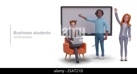 Business students. Education for adults concept. Financial literacy lessons, marketing. Vector characters near blackboard. Man with laptop. Online training. Business students. Education for adults concept. Financial literacy lessons, marketing Stock Vector
