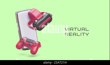 Augmented reality. Simulation games online. Concept of metaverse, VR. Digital world. Horizontal signboard, banner, flyer template. Invitation to event, announcement of competition. Augmented reality. Simulation games online. Concept of metaverse, VR Stock Vector