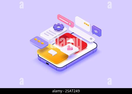 3d render Mobile app development, UI-UX design, web design and application layout. 3D Vector illustration Stock Vector