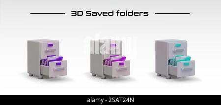 3D saved folders of different colors. Set of isolated office chests with pull out drawer. Sorting and storing files. Electronic database of documents. Vector icons for web design. 3D saved folders of different colors. Set of isolated office chests with pull out drawer Stock Vector