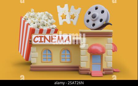 Concept of cinema visit. Realistic model of cinema building with film reel on roof, big package with popcorn and two tickets. Vector illustration with yellow background. Concept of cinema visit. Realistic model of cinema building with film reel on roof Stock Vector