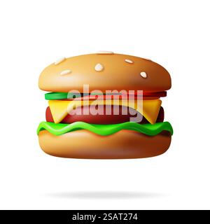 3D Tasty Burger Isolated on White. Render Burger Icon with Salted Cucumber, Salad, Tomato, Cheese, Sauce, Bun with Sesame Seeds and Beef Cutlet. Cheeseburger Fast Food. Realistic Vector Illustration.. 3D Tasty Burger Isolated on White. Stock Vector