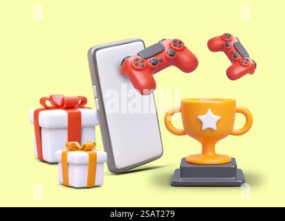 Victory in computer game. Golden cup, gamepads, smartphone, gifts. Win in online competition. First place in gaming. Bonuses for players. Color vector composition. Victory in computer game. Golden cup, gamepads, smartphone, gifts Stock Vector