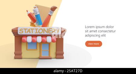 3d model of stationery store in cartoon style. Web poster, advertising company with button and place for text. Online ordering of various office supplies. Vector illustration. 3d stationery store in cartoon style. Web poster, advertising company with button and place for text Stock Vector