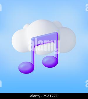 3D Music Note in Cloud. Render Streaming Music Platform Icon. Modern Music Cloud Service Symbol. Note Realistic Design In Plastic Style. Musical Note, Sound, Song or Noise Sign. Vector illustration. 3D Music Note in Cloud. Render Streaming Music Stock Vector