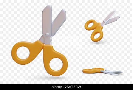 3D scissors with yellow plastic handles. Stationery tool for cutting paper, cardboard. Sharp school accessory. Set of isolated vector objects. Front, side view. 3D scissors with yellow plastic handles. Stationery tool for cutting paper, cardboard Stock Vector