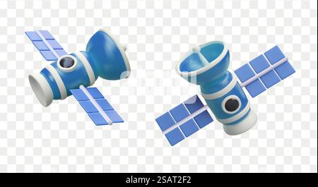 Set of 3D blue communication satellites with antennas and solar panels. Radio transmitter in orbit. Spacecraft for collecting and transmitting data. Digital information, analog signals. Set of 3D blue communication satellites with antennas and solar panels Stock Vector