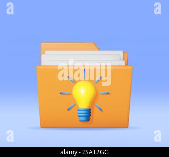 3D Business Folder full of Papers and Idea Bulb Isolated. Render Yellow Folder for Correspondence, File for Paper Documents. Open Folder Icon, Manila Archive Case or Ring Binder. Vector Illustration. 3D Business Folder full of Papers and Idea Bulb Stock Vector
