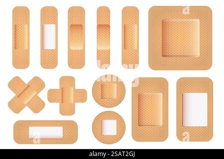 Realistic vector plaster set. Medical plasters isolated on white background. Adhesive strip bandage. Beige aid patch strip with texture. Different shape wound plasterer for health care. Vector EPS10 Stock Vector