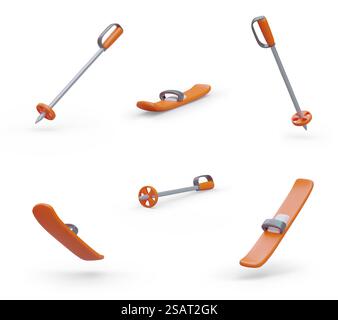 Set of skis, ski poles in different positions. Isolated vector image on white background. Color icons. Realistic illustrations with shadows. Concept for site, app, game, sports business advertising. Set of skis, ski poles in different positions. Isolated vector image on white background Stock Vector