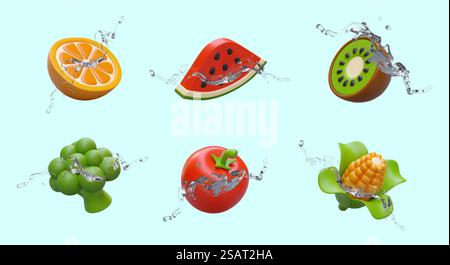 Set of realistic vegetables and fruits in water splashes. Concept of environmentally friendly natural ingredients. Orange, watermelon, kiwi, broccoli, tomato, corn. Color vector illustration. Set of realistic vegetables and fruits in water splashes Stock Vector