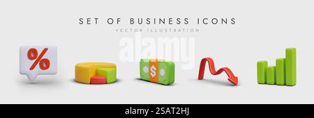 Set of different business icons in realistic style. Collection with diagrams in different styles, arrow, banknotes and icon with percent. Vector illus Stock Vector