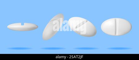 3D Classic Pills from Different Angles Collection Isolated. Render Round Tablets Set. Pill for Illness and Pain Treatment. Medical Drug, Vitamin, Antibiotic. Healthcare Pharmacy. Vector Illustration. 3D Classic Pills from Different Angles Collection Stock Vector